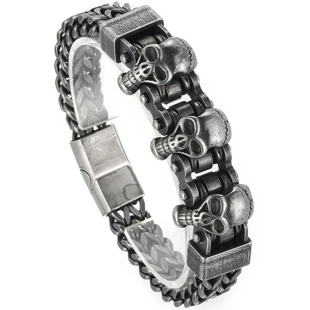 Gothic Three Skulls & Bike Link Chain Men Bracelet for Man Vintage Solid Black 316L Stainless Steel Skeleton Jewelry