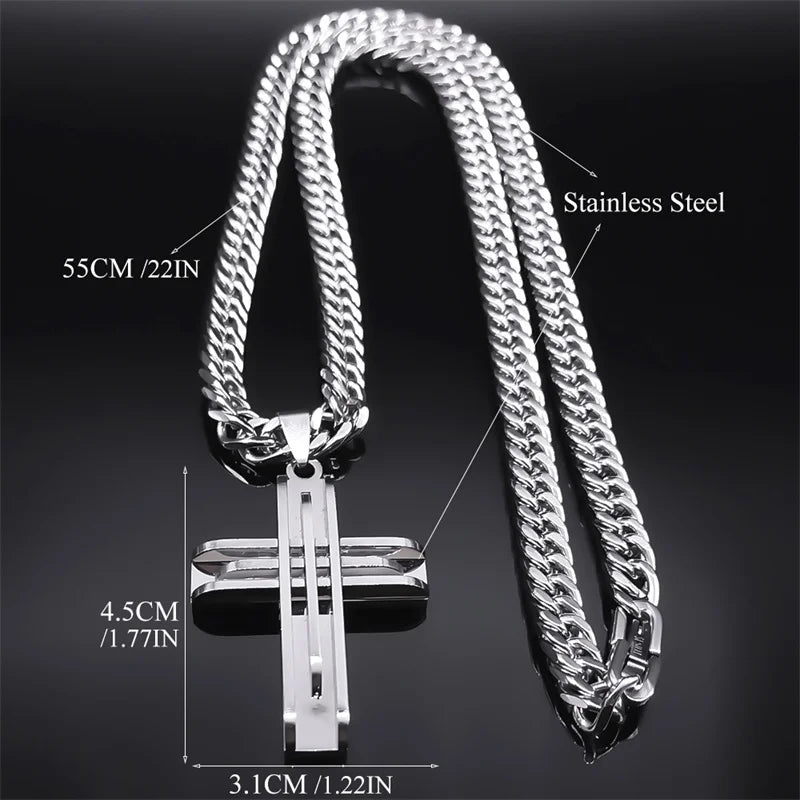 Cross Layered Silver Pendant Necklace — Stainless Steel