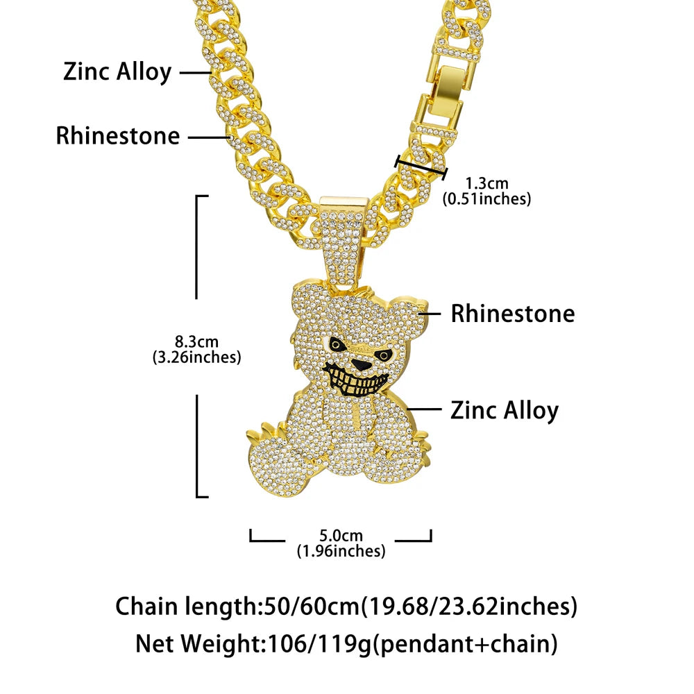 Men Women Hip Hop Bear Shape Pendant Necklace with 13mm Crystal Cuban Chain Iced Out Bling Bling Necklaces HipHop Punk