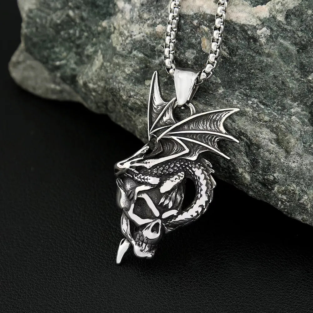 Dragon Skull Winged Pendant — Stainless Steel