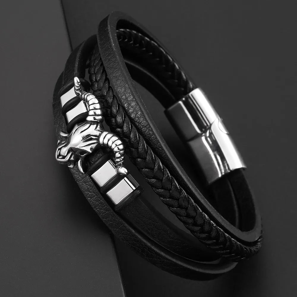 New Vintage Leather Woven Rope Bracelet Titanium Steel Sheep's Head Magnetic Buckle Men's Bracelet Fashion Jewelry
