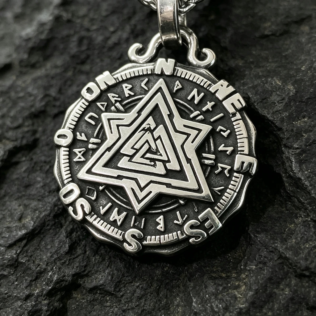 HNSP 316L Stainless Steel Viking Valknut Vegvisir Pendant Necklace For Men Vintage Double‑Sided Rune Compass Amulet
