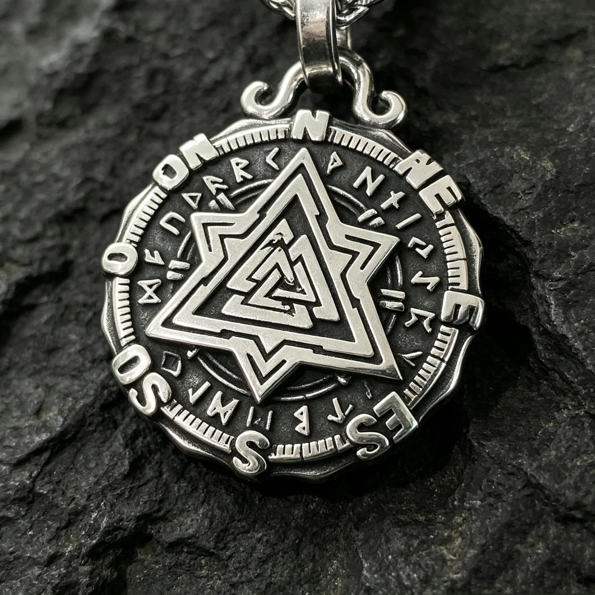 HNSP 316L Stainless Steel Viking Valknut Vegvisir Pendant Necklace For Men Vintage Double‑Sided Rune Compass Amulet