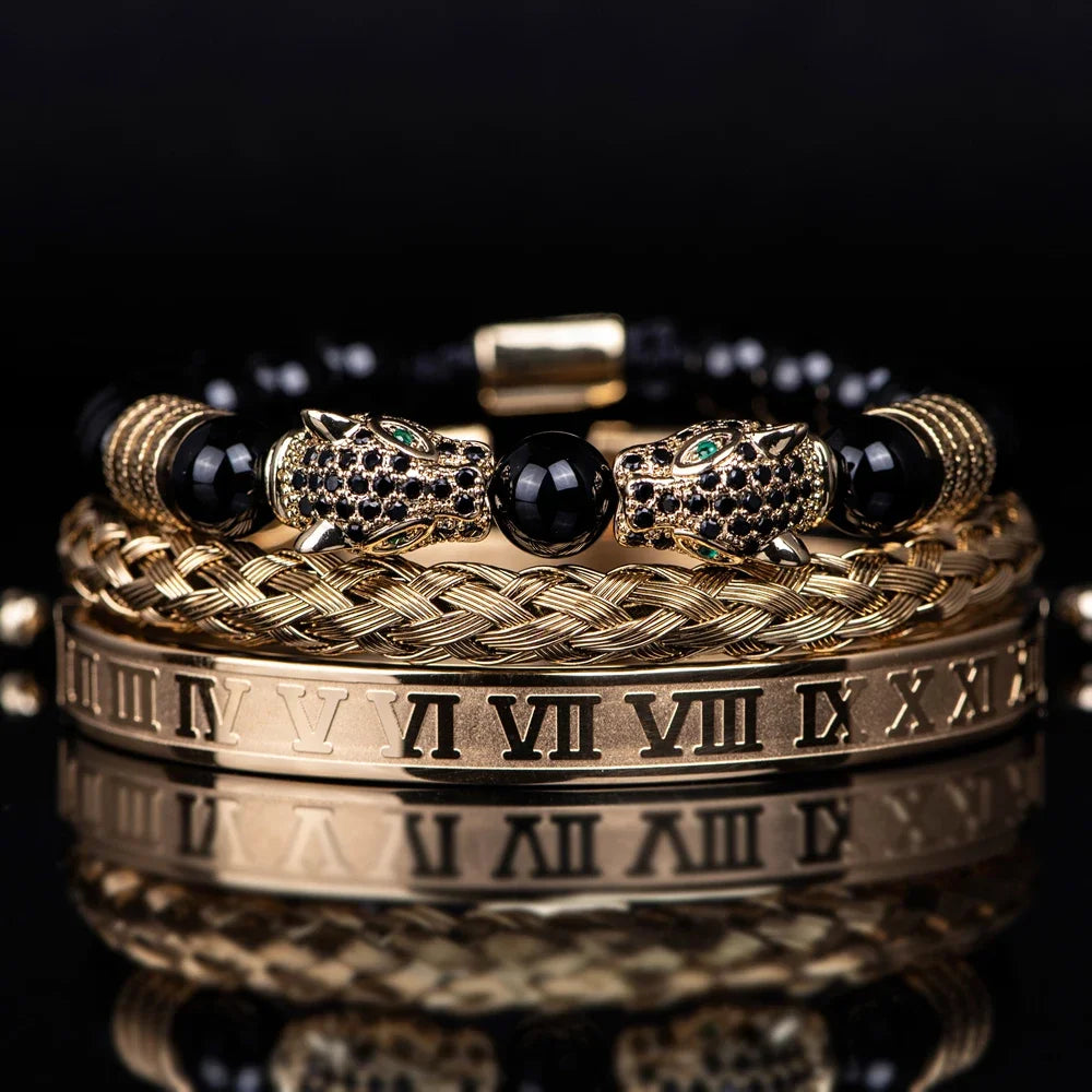 3PCS Mens Premium Black Agate Beaded Bracelet Set - Double Leopard Head, Roman Numerals, Adjustable Braided Design