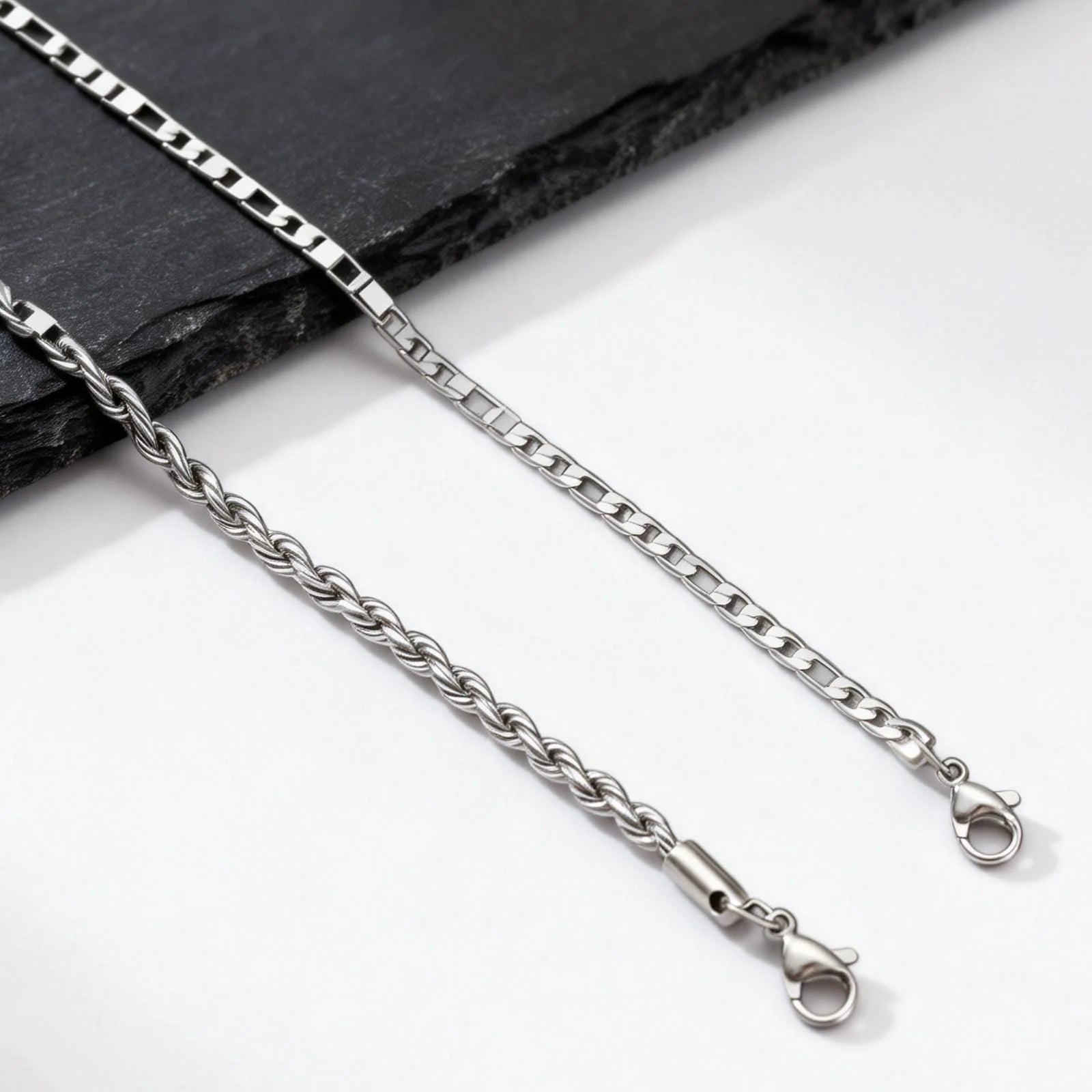 Figaro Rope Chain Bracelet Set Silver — Stainless Steel