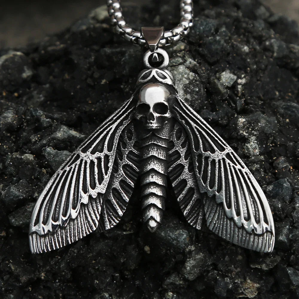 Vintage Gothic Style Death Moth Necklace Unisex Punk Stainless Steel Butterfly Skull Pendant Animal Jewelry Gift