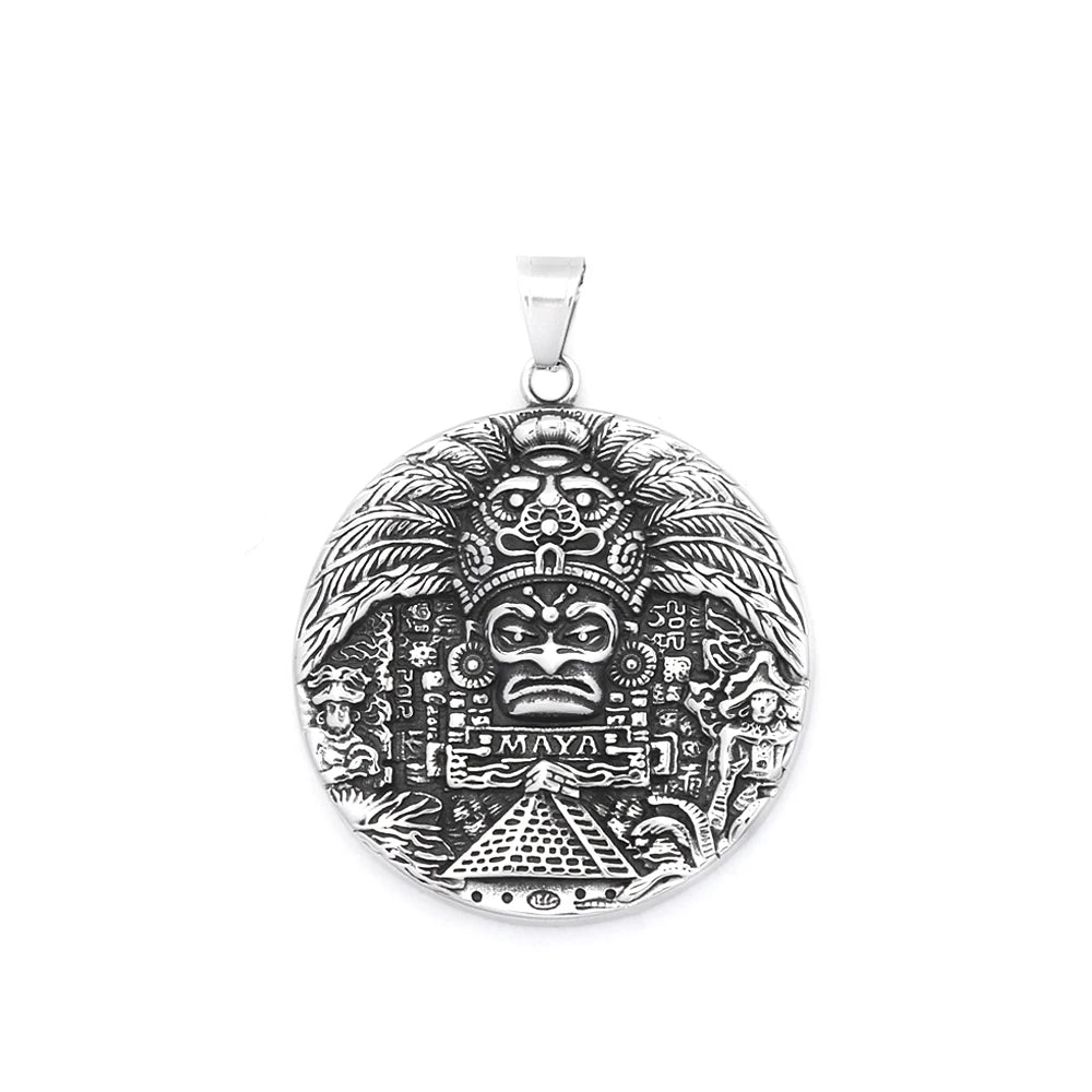 Aztec Steel Pendant Vintage Mayan Pattern Big