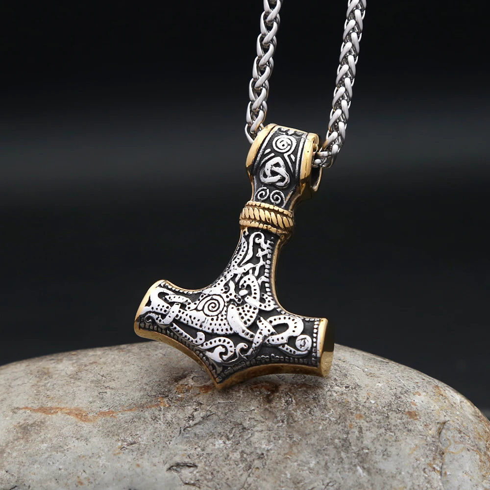 Vintage Stainless Steel Viking Thor's Hammer Pendant Necklace For Men Nordic Celtic Knot Necklace Fashion Jewelry Gift