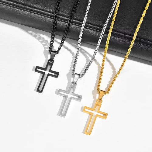 Casual Hollow Cross Necklaces for Men Boys,Waterproof Stainless Steel Cross Pendant Necklace,Religious Faith Prayer