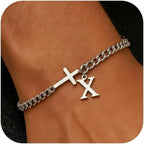 Men Cross Cuban Chain Bracelets for Men Initial A-Z Faith Cross Bracelets, Stainless Steel Initial Bracelet Religious