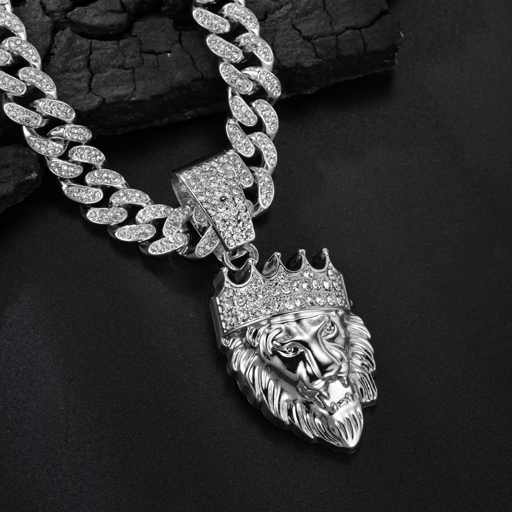 3D Crown Lion Head Cuban Pendant — Stainless Steel