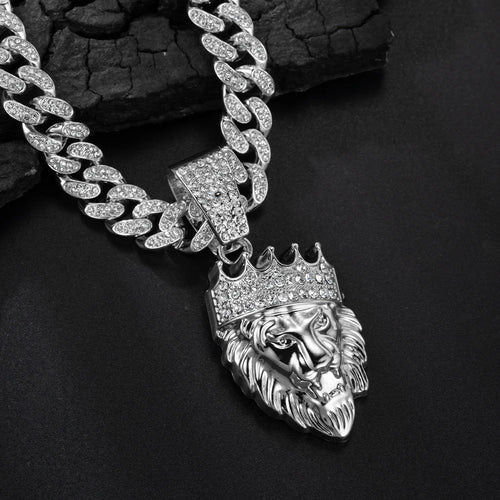 3D Crown Lion Head Cuban Pendant — Stainless Steel