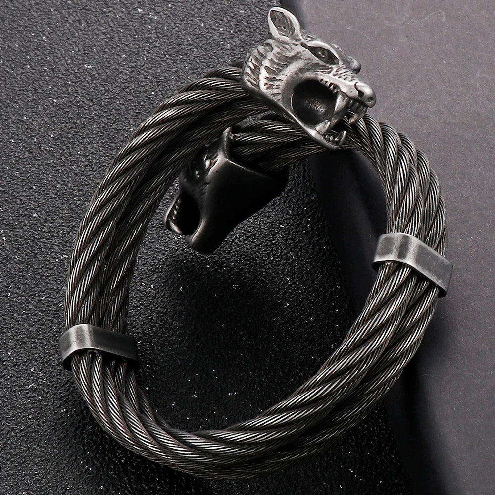 Viking Wolf Head Twisted Cable Open Cuff Bangle Bracelet For Men Stainless Steel Men's Bracelets Rock Roll Jewelry