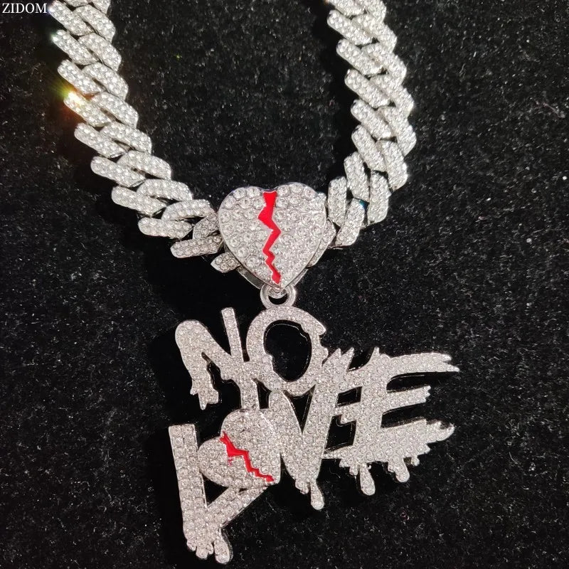 Men Women Hip Hop No Love Heart Pendant Necklace with 14mm Cuban Chain HipHop Iced Out Bling Hiphop Necklaces Fashion
