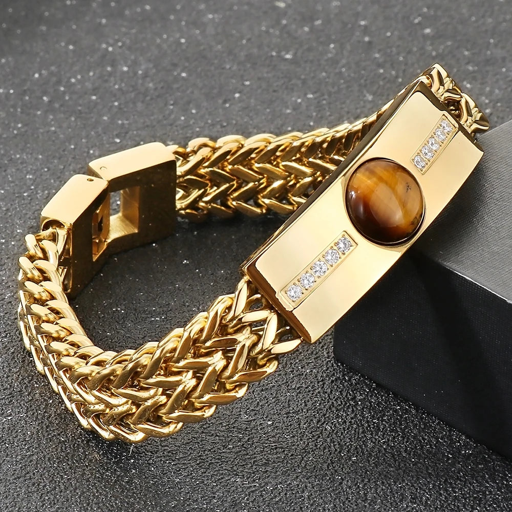 Classic Men's Bracelet With Tiger Eye Stone 12MM Width Gold Color Stainless Steel Link Chain Bracelets for Man Jewelry
