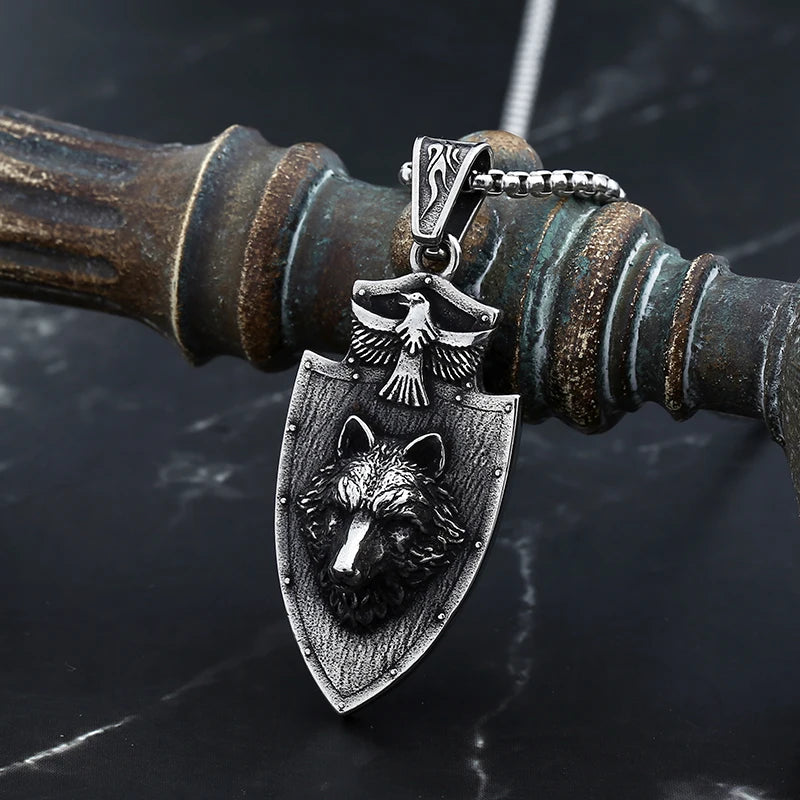 Viking Shield Wolf Pendant Necklace — Stainless Steel