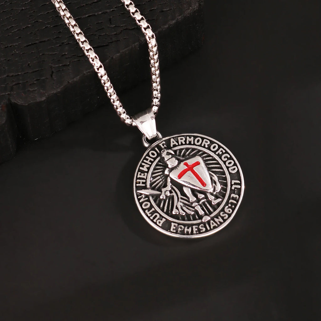 1PC INGX Stainless Steel Men's Retro Knight Cross Shield Pendant Necklace for Men Medieval Viking Necklace Man Jewelry