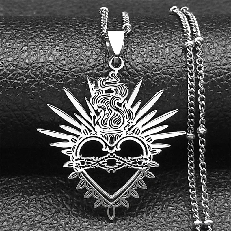 Sacred Heart Enamel Pendant — Black Stainless