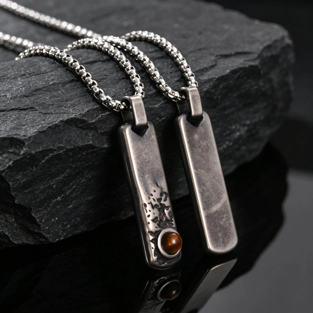 Vintage Men's Natural Stone Rectangle Pendant Necklace,Grey Stainless Steel Thin Bar Necklace,Birthday Party Jewelry