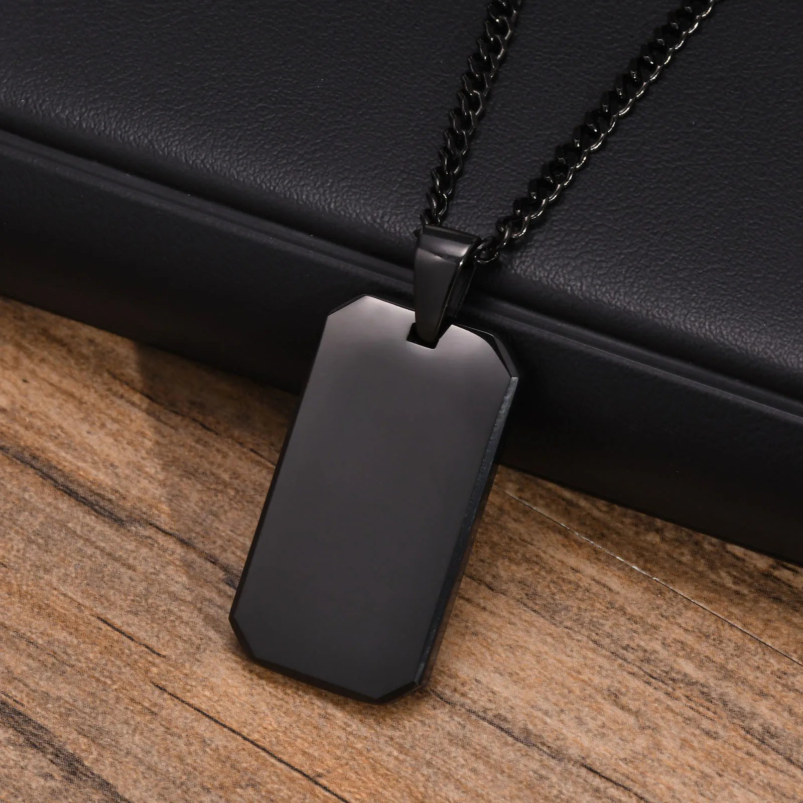 Vnox Men Dogtag Necklaces, Geometric Rectangle Pendant with Cuban Chain, Black Silver Color Stainless Steel Casual Neck