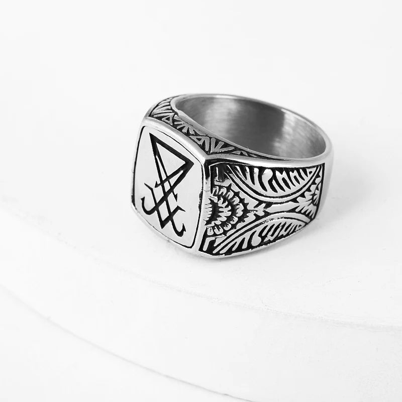 Vintage Sigil Lucifer Rock Ring 316L Stainless Steel Seal of Satan Rings for Men Male Punk Rock Jewelry OSR918