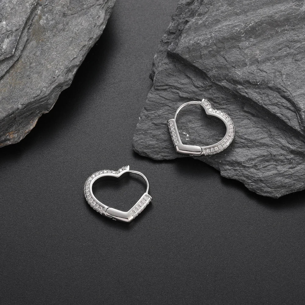 Iced Out Heart Hoop Earrings Stainless Steel CZ
