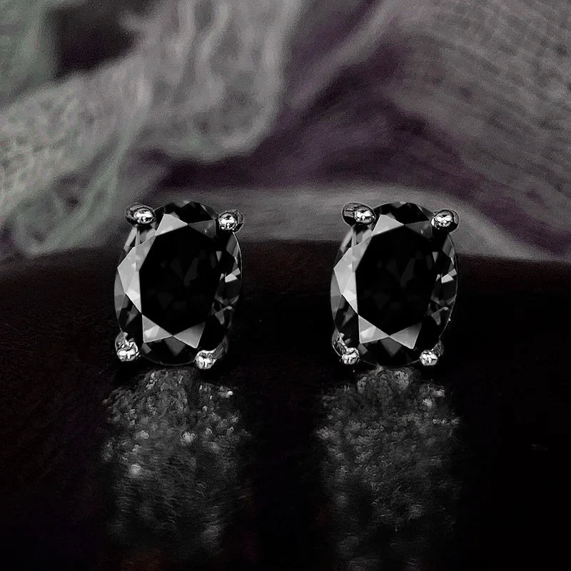 Oval Colored Zircon Four Claw Stud Earrings — Stainless Steel