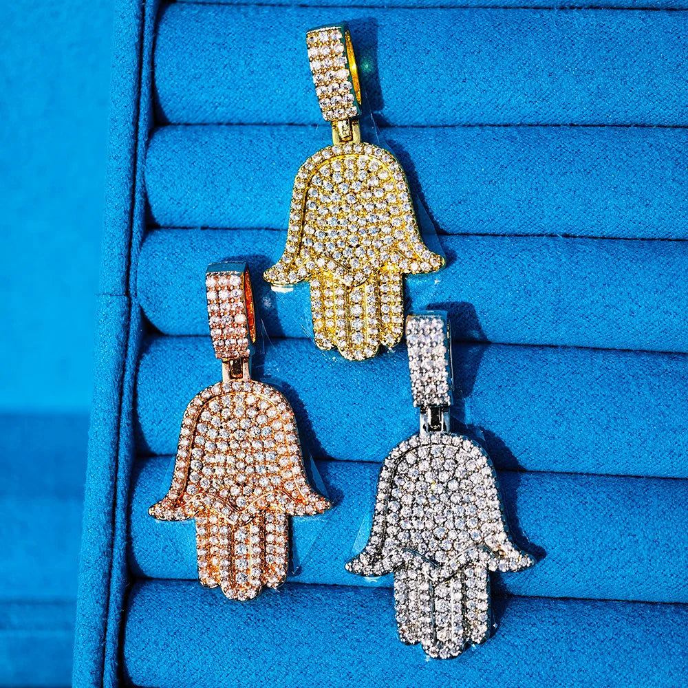 Iced Out Hamsa Pendant Necklace Stainless Steel