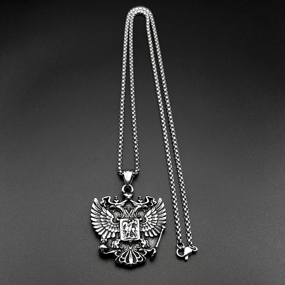 Russian Double-Headed Eagle National Emblem Symbol Pendant Necklaces for Women Men Silver Color Stainless Steel Jewelry Gift