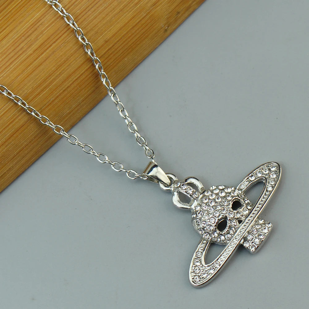 Fashion Rhinestone Skull Cross Saturn Couples Chain Silver Color Metal Necklace Punk Women Men Party Jewelry Gifts