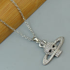 Fashion Rhinestone Skull Cross Saturn Couples Chain Silver Color Metal Necklace Punk Women Men Party Jewelry Gifts