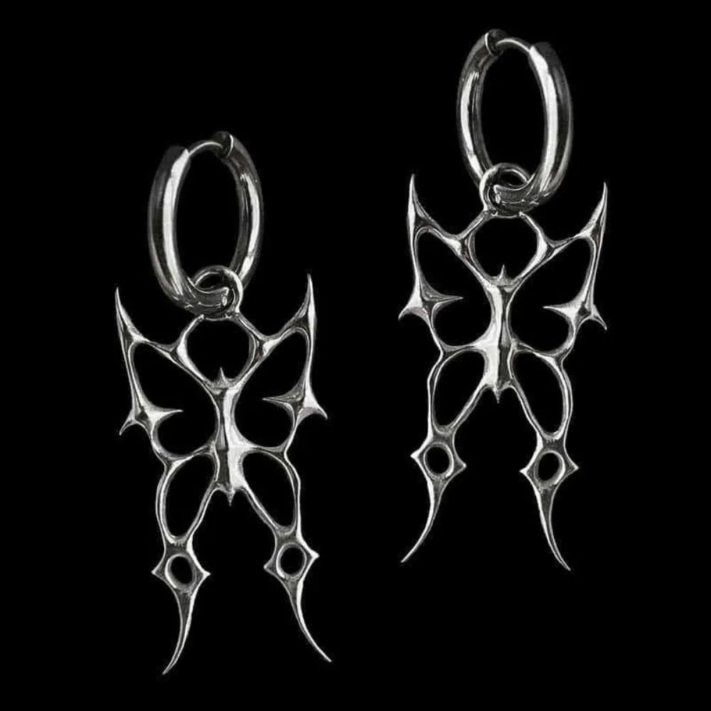 Gothic Punk Silver Color Hollowed-out Thorn Swallowtail Butterfly Pendant Hoop Earrings for Men Women Couples Halloween