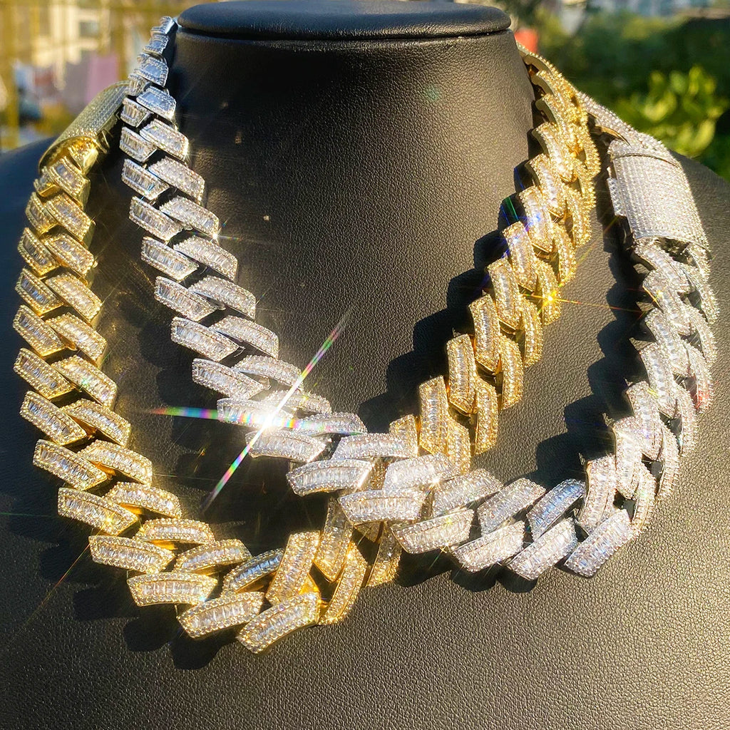 Aokaishen Iced Out Cuban Link Chain Men Necklace Choker 5A Prong Setting Cubic Zirconia Copper Gold Plated Hip Hop Jewelry