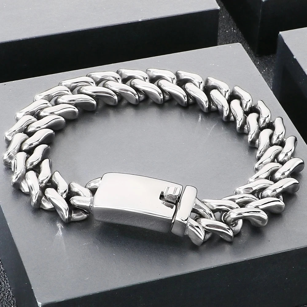 Polished 15mm Cuban Link Bracelet for Man Luxury Waterproof Gold Color Stainless Steel Men's Chain Bracelets Fashion
