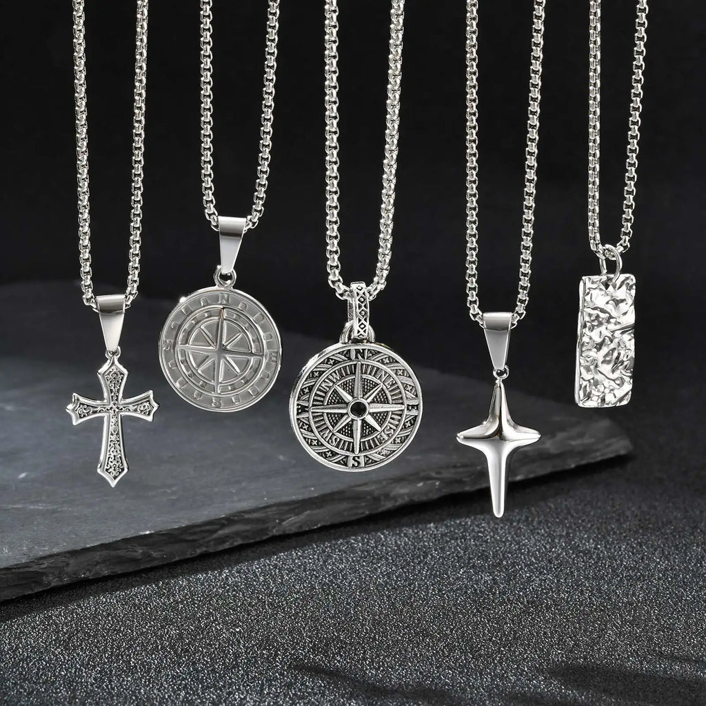 Men's Silver Color Geometric Pendant Necklace, Non Fading Stainless Steel Compass Necklace with Chain, Stylish Jewelry