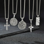 Men's Silver Color Geometric Pendant Necklace, Non Fading Stainless Steel Compass Necklace with Chain, Stylish Jewelry