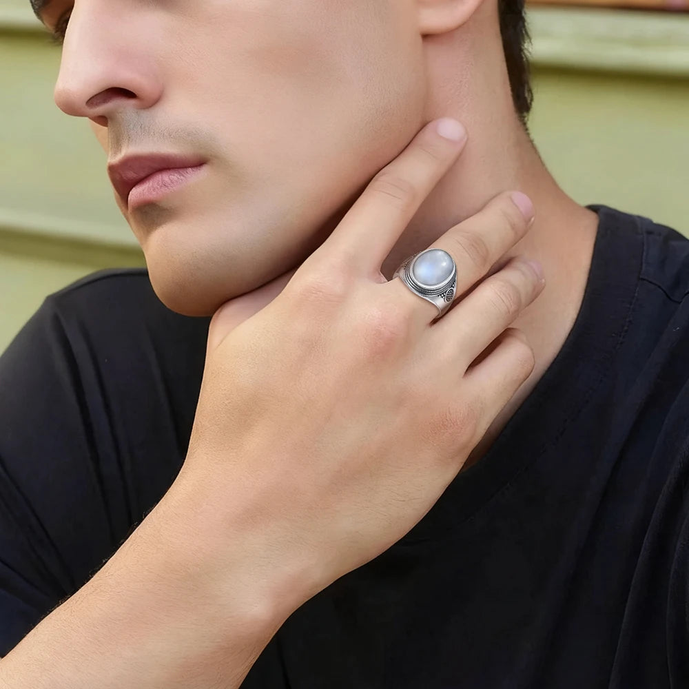 Vintage 925 Sterling Silver Ring Natural Moonstone Ring 10*14mm Oval Large Stone Retro Fine Jewelry Gift For Men