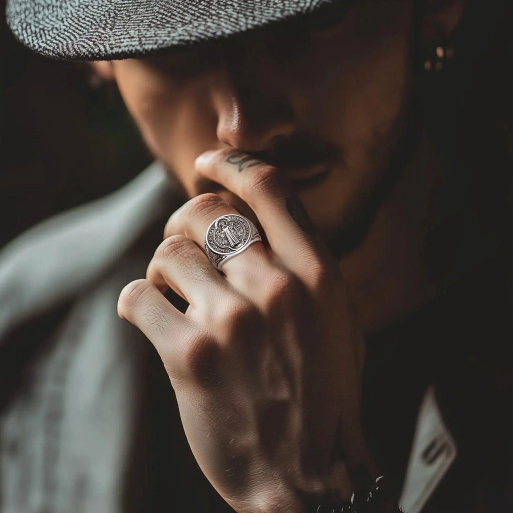 Eudora 925 Sterling Silver Saint Benedict Medal Adjustable Ring San Benito Cross Amulet Religious Jewelry Gift for Men Women