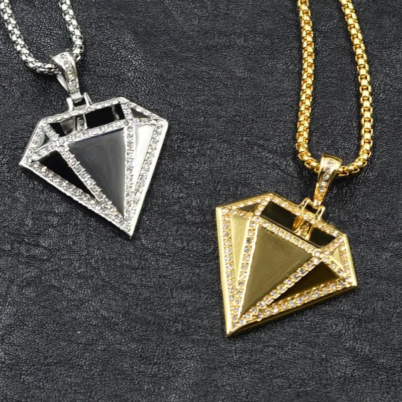 Geometric Faceted Rhinestone Pendant Necklace — Stainless Steel