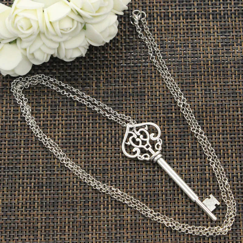 Vintage Skeleton Key 69MM Pendant Necklace Silver