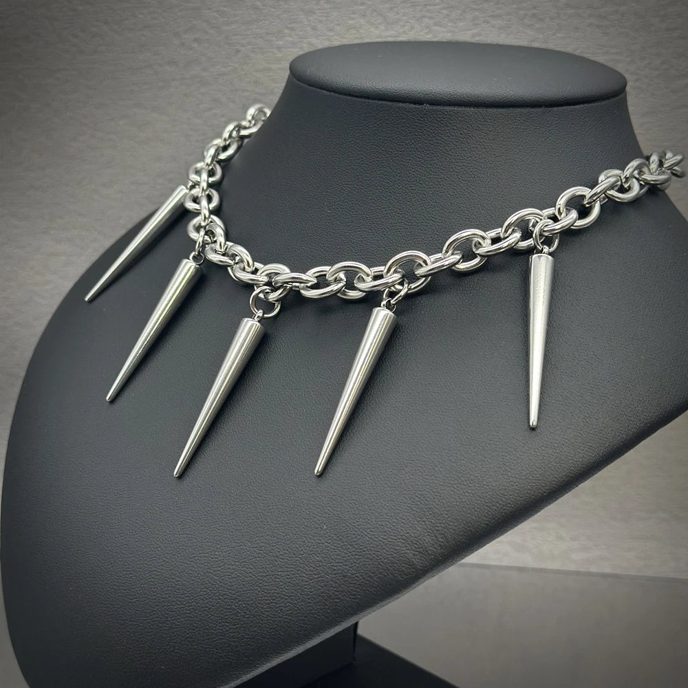 Gothic Large Spike Rivet Chunky Chain Necklace Unisex Stainless Steel Punk Style Grunge Jewelry Accessory for Women Men