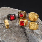 Gold Red Stone Signet Ring — Stainless Steel