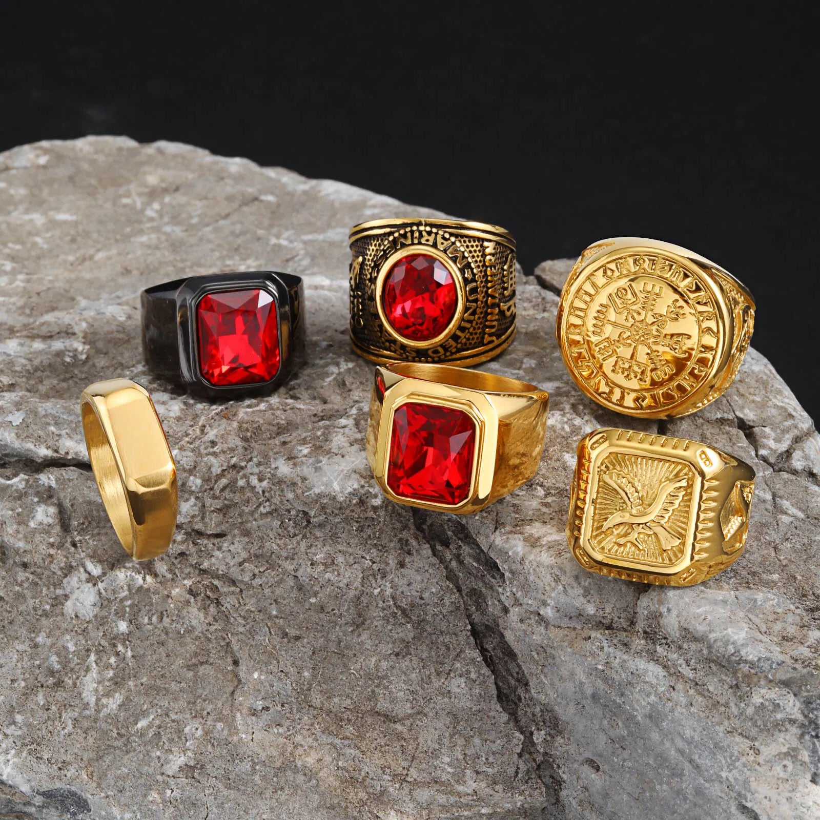 Gold Red Stone Signet Ring — Stainless Steel