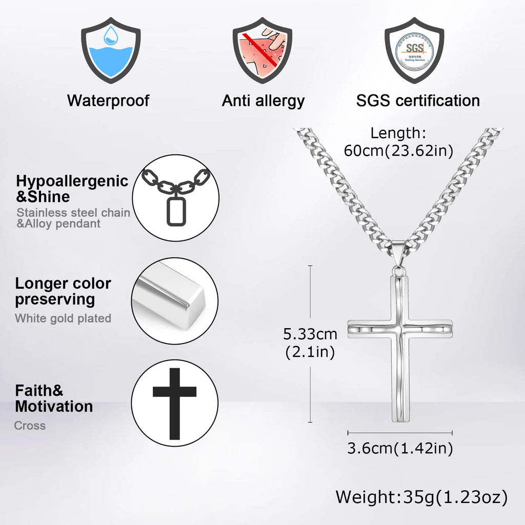 Vnox Mens Big Cross Pendant Necklaces, Religous Faith Jewelry, Two Layers Cross Pendant with Cuban Chain, Punk Hiphop