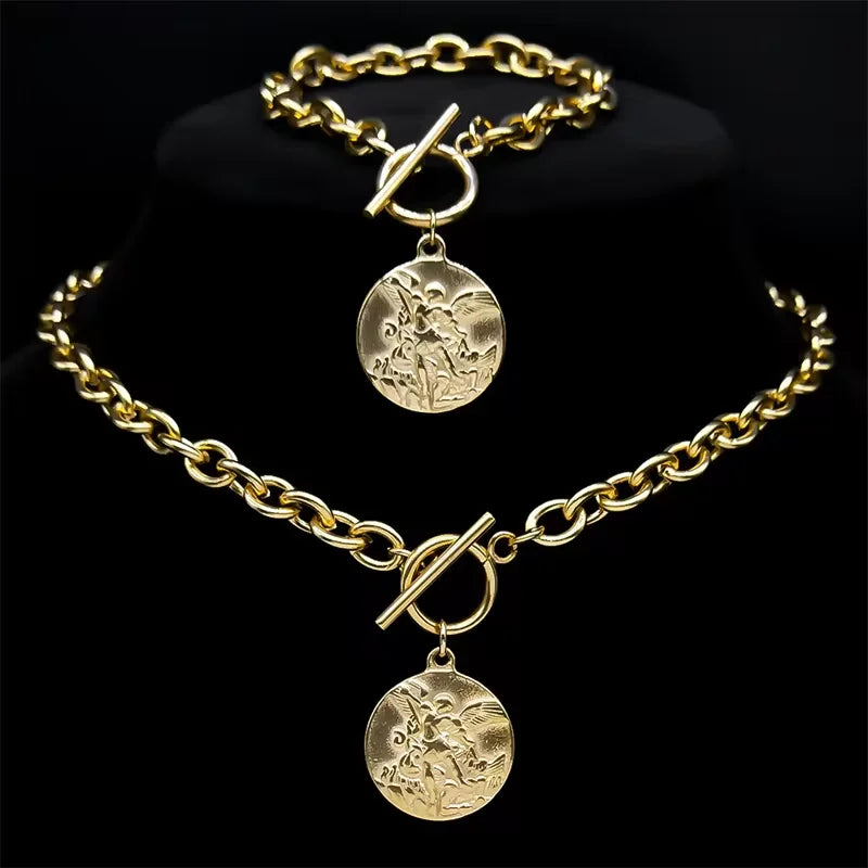 Saint Michael Angel Necklace Bracelet Set — Gold