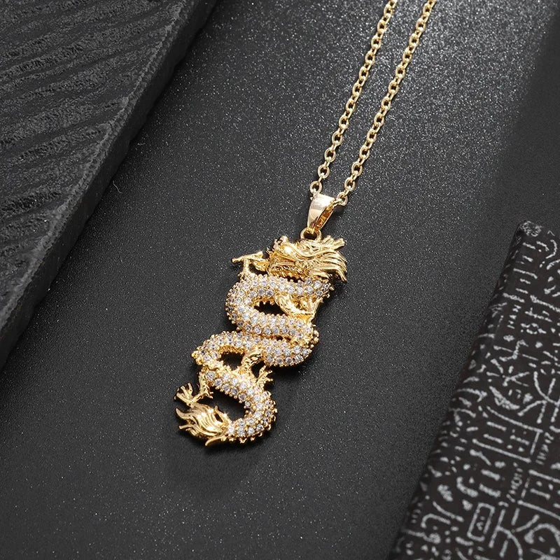 Zircon Auspicious Dragon Pendant — Stainless Steel