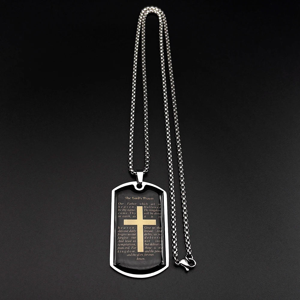 Lord's Prayer Our Father Glass Cross Necklace — Stainless Steel