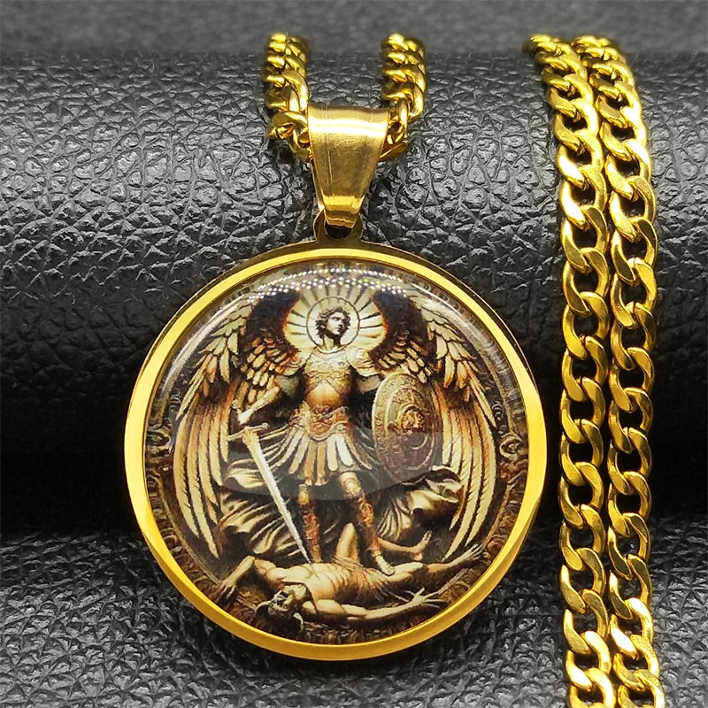 SAINT MICHAEL PROTECT US Archangel Stainless Steel Round Glass Medal Pendant Necklace for Women Men Gold Color Chain