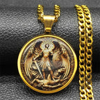 SAINT MICHAEL PROTECT US Archangel Stainless Steel Round Glass Medal Pendant Necklace for Women Men Gold Color Chain