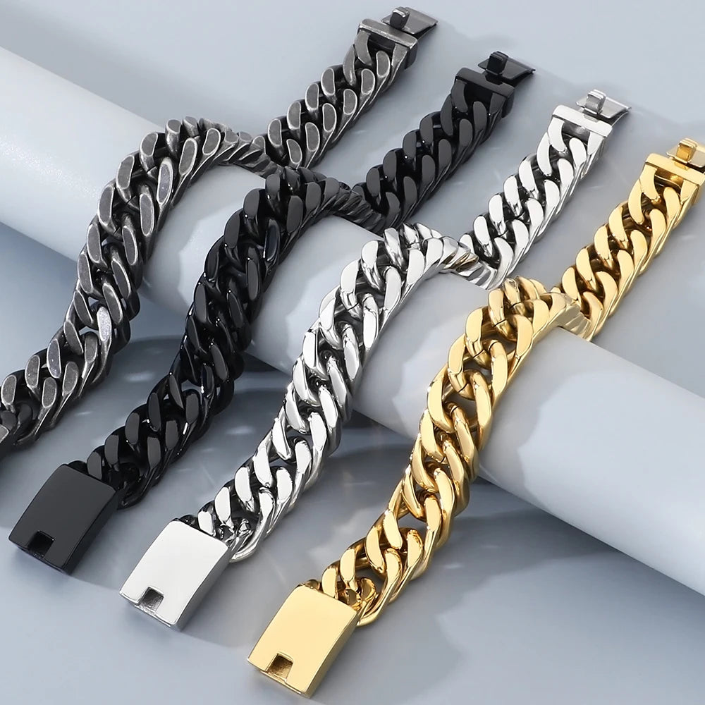 12/15MM Width Cuban Link Chain Bracelet For Man Waterproof Black/Gold Color Stainless Steel Bracelets Valentines